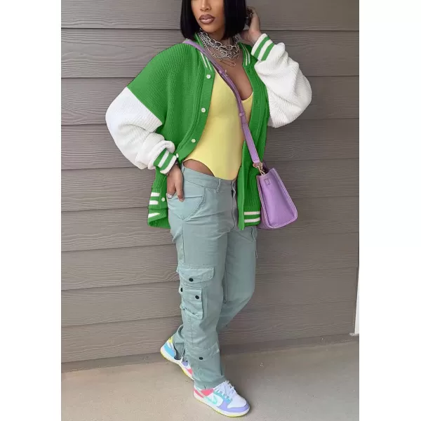 chouyatou Womens Fall Loose Button Down Knit Cardigan Sweater Boyfriend Y2K Bomber Varsity JacketGreen