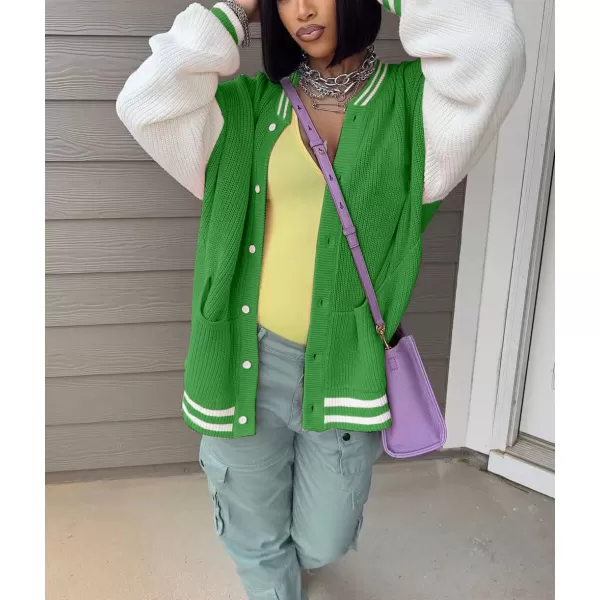 chouyatou Womens Fall Loose Button Down Knit Cardigan Sweater Boyfriend Y2K Bomber Varsity JacketGreen