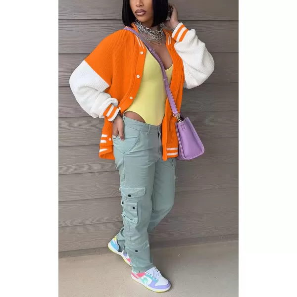 chouyatou Womens Fall Loose Button Down Knit Cardigan Sweater Boyfriend Y2K Bomber Varsity JacketOrange