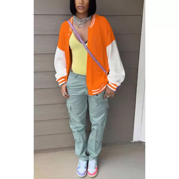 chouyatou Womens Fall Loose Button Down Knit Cardigan Sweater Boyfriend Y2K Bomber Varsity JacketOrange