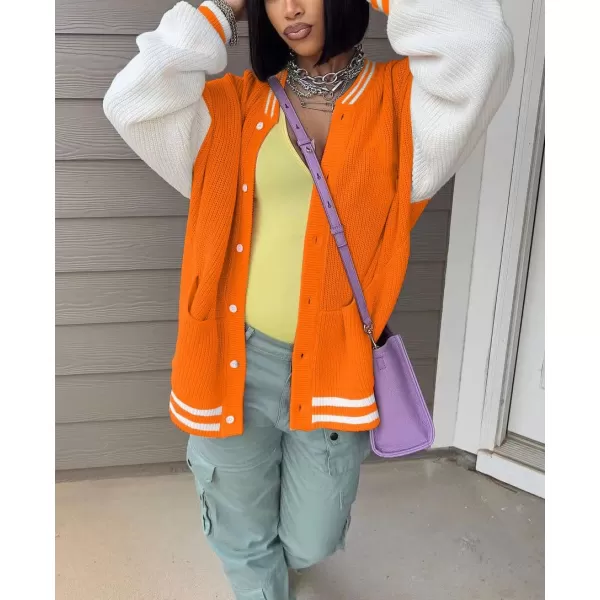 chouyatou Womens Fall Loose Button Down Knit Cardigan Sweater Boyfriend Y2K Bomber Varsity JacketOrange