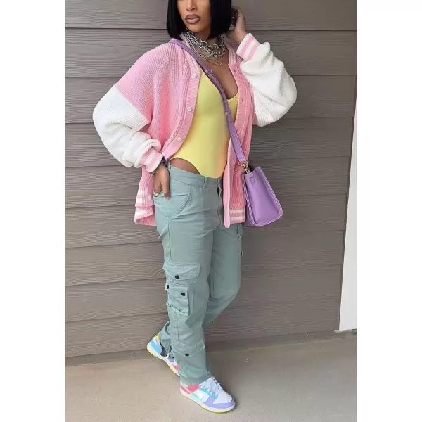 chouyatou Womens Fall Loose Button Down Knit Cardigan Sweater Boyfriend Y2K Bomber Varsity JacketPink