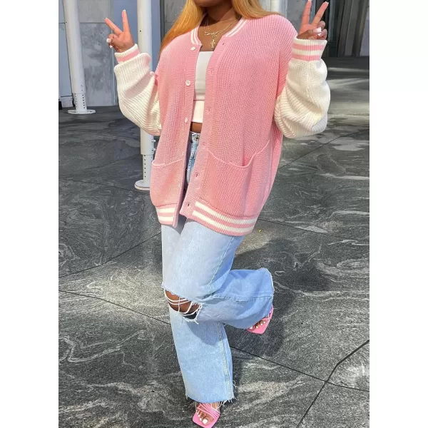 chouyatou Womens Fall Loose Button Down Knit Cardigan Sweater Boyfriend Y2K Bomber Varsity JacketPink