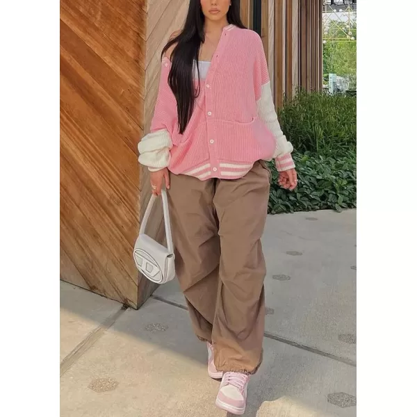 chouyatou Womens Fall Loose Button Down Knit Cardigan Sweater Boyfriend Y2K Bomber Varsity JacketPink