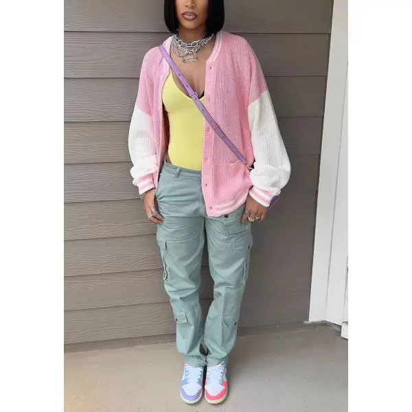 chouyatou Womens Fall Loose Button Down Knit Cardigan Sweater Boyfriend Y2K Bomber Varsity JacketPink