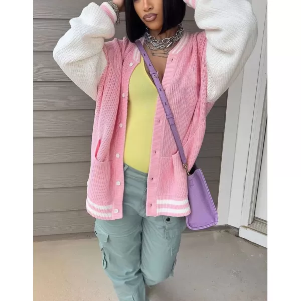chouyatou Womens Fall Loose Button Down Knit Cardigan Sweater Boyfriend Y2K Bomber Varsity JacketPink