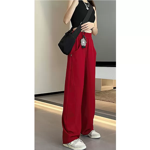chouyatou Womens High Waisted Wide Leg Sweatpants Y2K Streetwear Open Bottom Baggy Sweat PantsRed