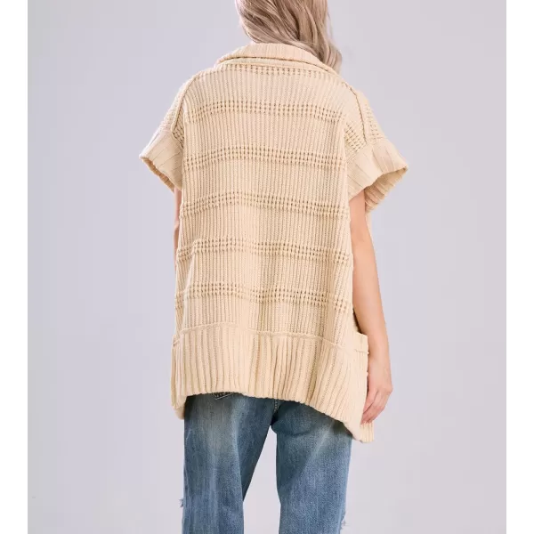 chouyatou Womens Lapel Collared Sweater Vest 2024 Cap Sleeve Slouchy Oversized Knit Coatigan TopsApricot