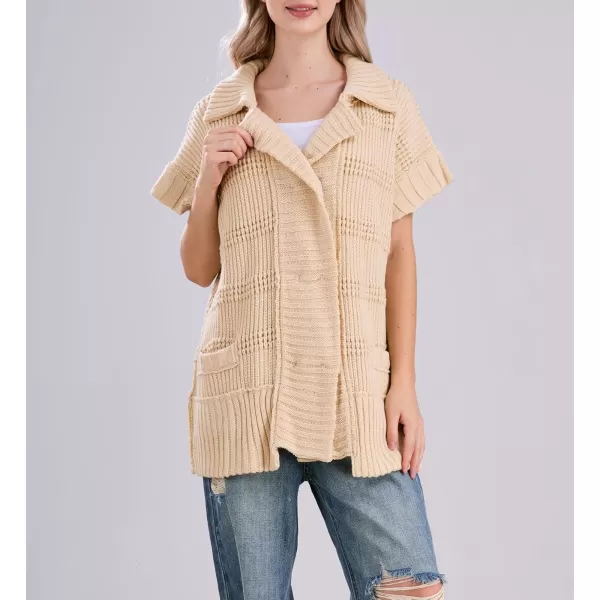 chouyatou Womens Lapel Collared Sweater Vest 2024 Cap Sleeve Slouchy Oversized Knit Coatigan TopsApricot