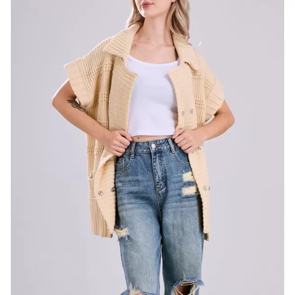 chouyatou Womens Lapel Collared Sweater Vest 2024 Cap Sleeve Slouchy Oversized Knit Coatigan TopsApricot