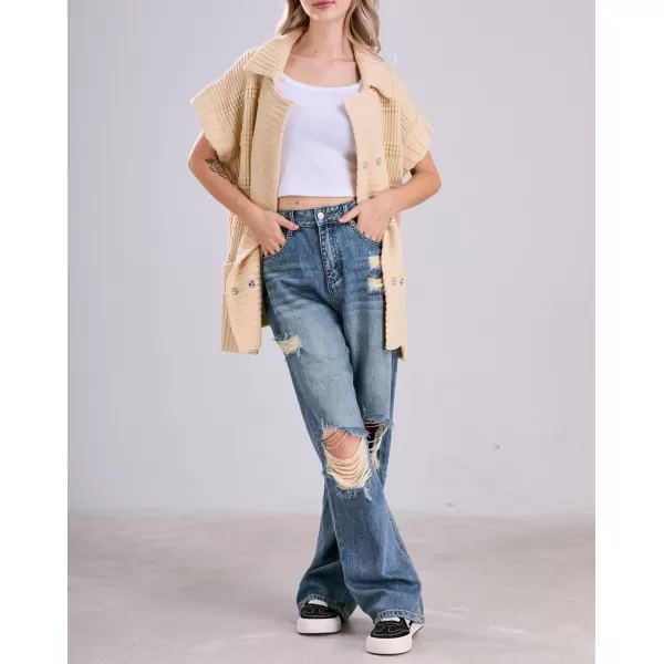 chouyatou Womens Lapel Collared Sweater Vest 2024 Cap Sleeve Slouchy Oversized Knit Coatigan TopsApricot