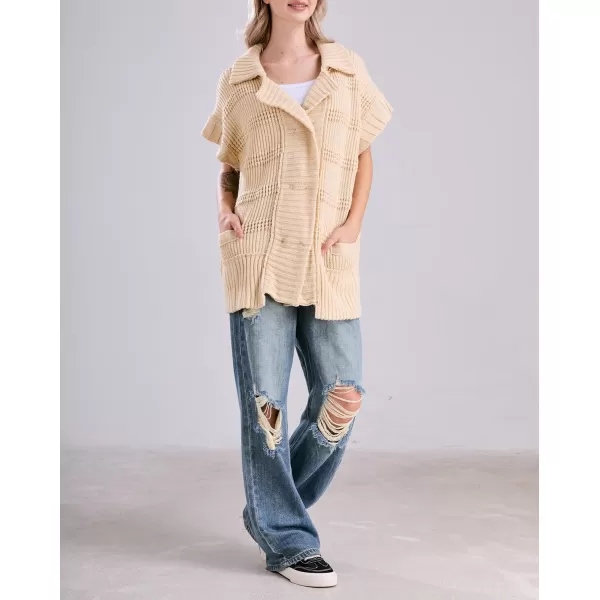 chouyatou Womens Lapel Collared Sweater Vest 2024 Cap Sleeve Slouchy Oversized Knit Coatigan TopsApricot