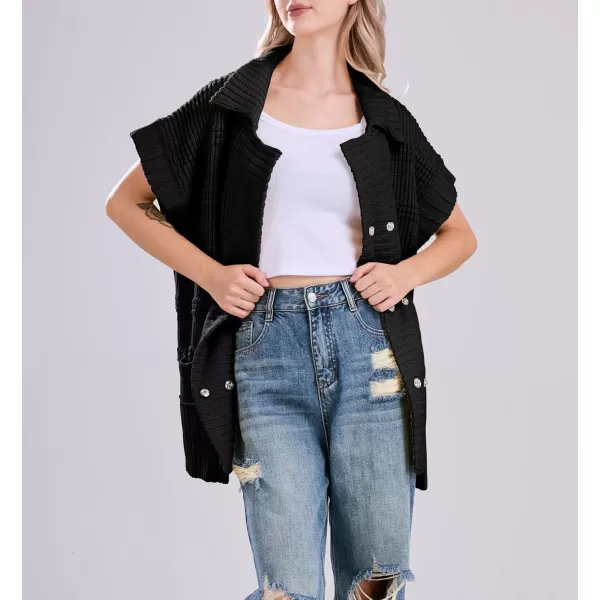 chouyatou Womens Lapel Collared Sweater Vest 2024 Cap Sleeve Slouchy Oversized Knit Coatigan TopsBlack