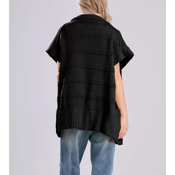 chouyatou Womens Lapel Collared Sweater Vest 2024 Cap Sleeve Slouchy Oversized Knit Coatigan TopsBlack
