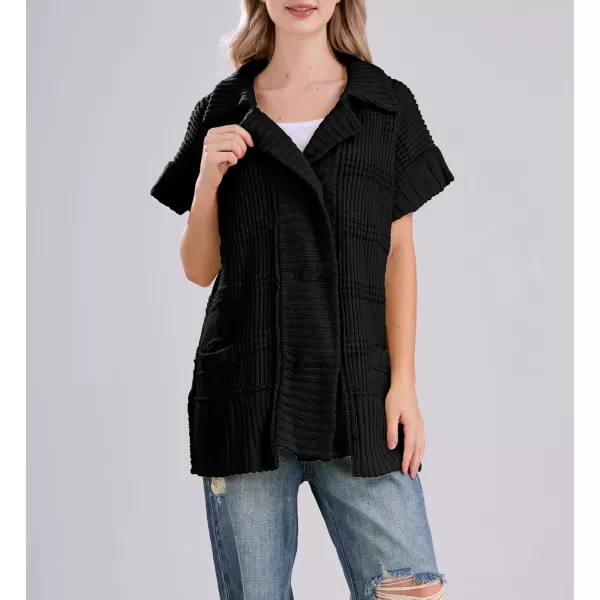 chouyatou Womens Lapel Collared Sweater Vest 2024 Cap Sleeve Slouchy Oversized Knit Coatigan TopsBlack