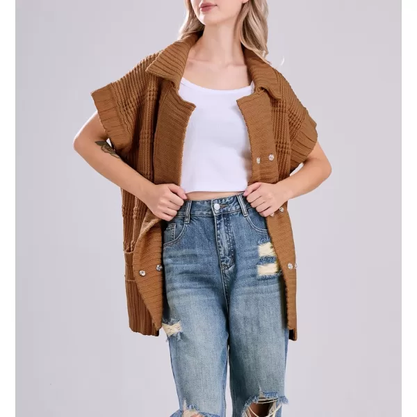 chouyatou Womens Lapel Collared Sweater Vest 2024 Cap Sleeve Slouchy Oversized Knit Coatigan TopsBrown