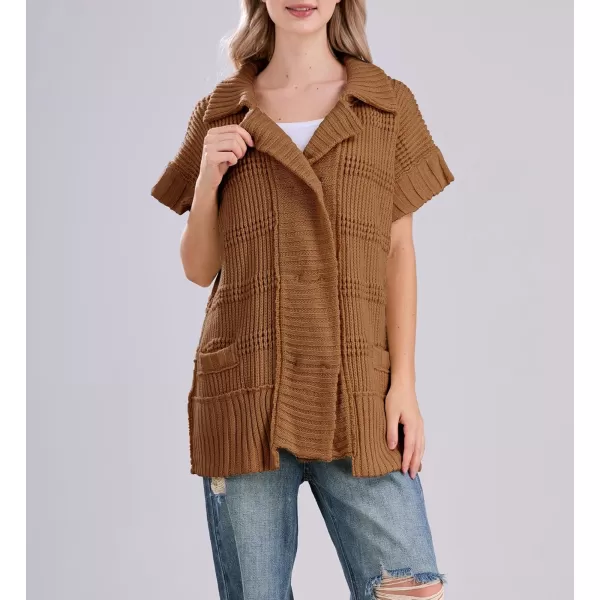 chouyatou Womens Lapel Collared Sweater Vest 2024 Cap Sleeve Slouchy Oversized Knit Coatigan TopsBrown