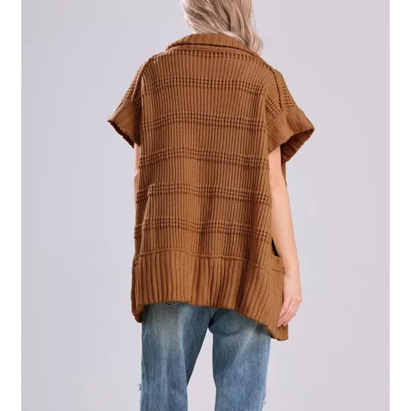 chouyatou Womens Lapel Collared Sweater Vest 2024 Cap Sleeve Slouchy Oversized Knit Coatigan TopsBrown