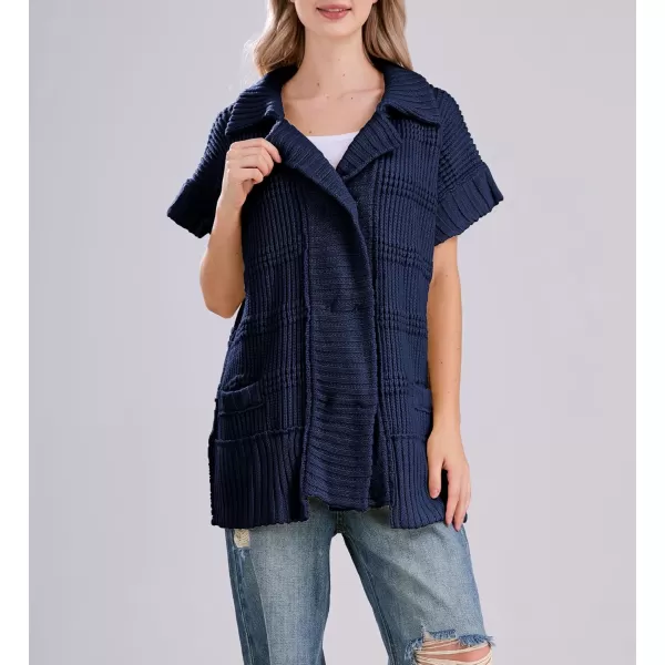 chouyatou Womens Lapel Collared Sweater Vest 2024 Cap Sleeve Slouchy Oversized Knit Coatigan TopsNavy