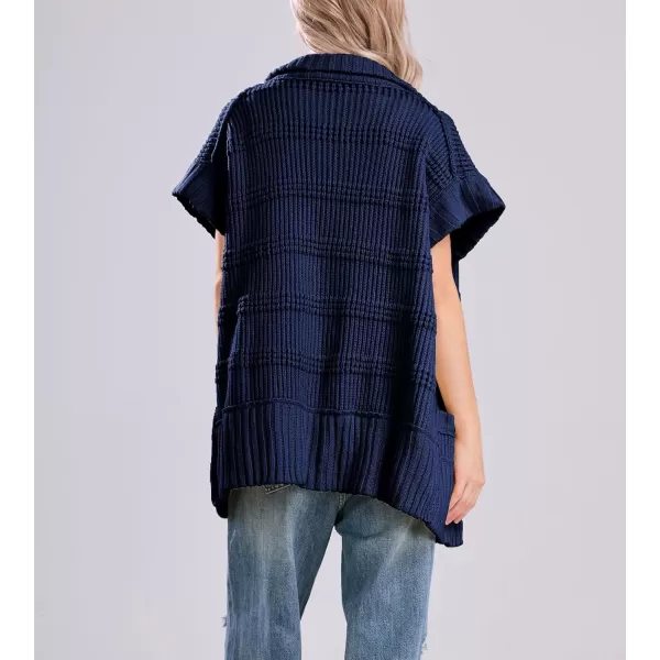 chouyatou Womens Lapel Collared Sweater Vest 2024 Cap Sleeve Slouchy Oversized Knit Coatigan TopsNavy