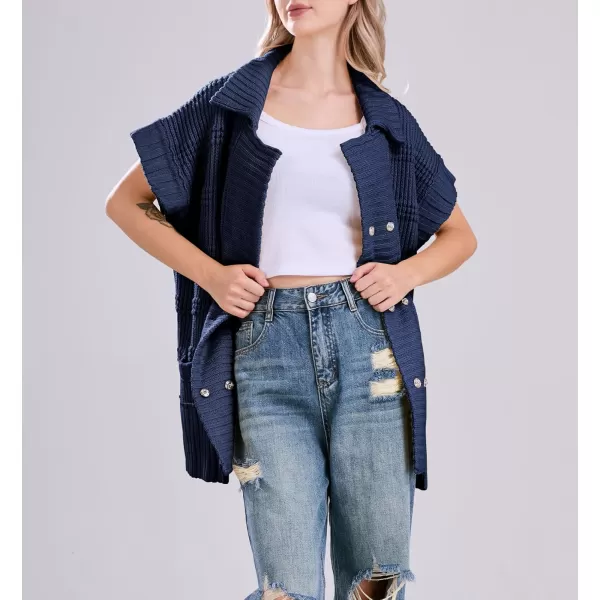 chouyatou Womens Lapel Collared Sweater Vest 2024 Cap Sleeve Slouchy Oversized Knit Coatigan TopsNavy