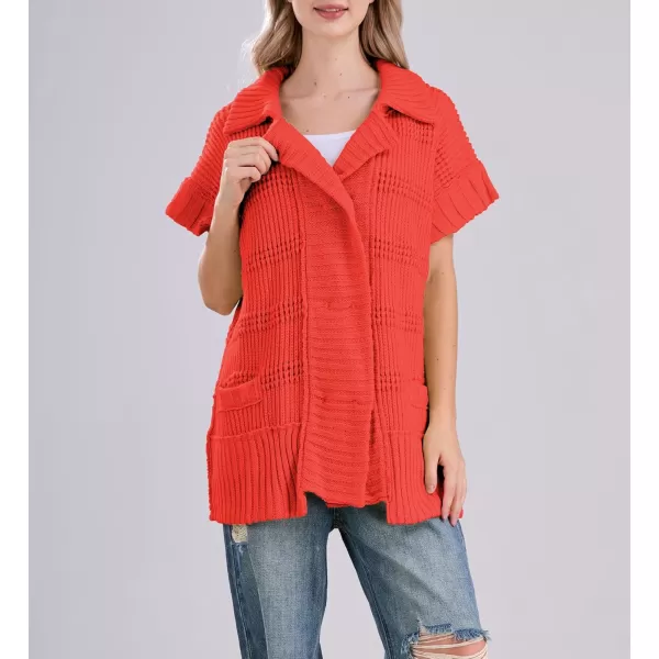 chouyatou Womens Lapel Collared Sweater Vest 2024 Cap Sleeve Slouchy Oversized Knit Coatigan TopsRed