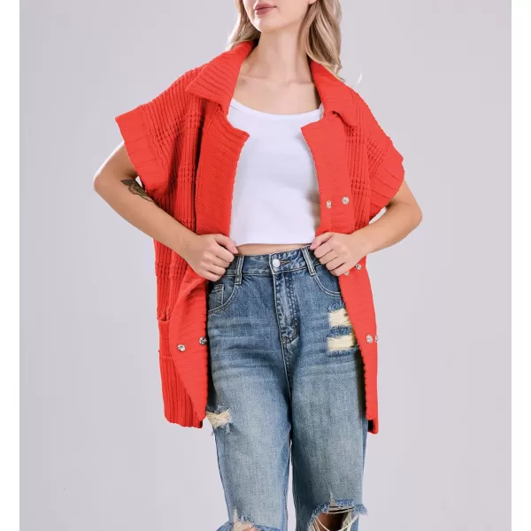 chouyatou Womens Lapel Collared Sweater Vest 2024 Cap Sleeve Slouchy Oversized Knit Coatigan TopsRed