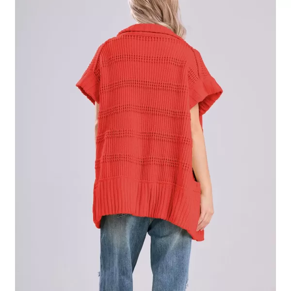 chouyatou Womens Lapel Collared Sweater Vest 2024 Cap Sleeve Slouchy Oversized Knit Coatigan TopsRed