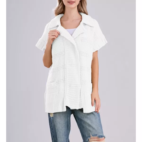 chouyatou Womens Lapel Collared Sweater Vest 2024 Cap Sleeve Slouchy Oversized Knit Coatigan TopsWhite