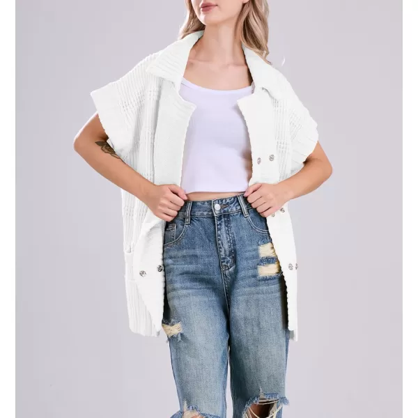 chouyatou Womens Lapel Collared Sweater Vest 2024 Cap Sleeve Slouchy Oversized Knit Coatigan TopsWhite