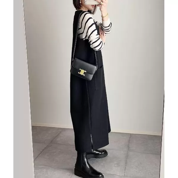 chouyatou Womens V Neck Wool Blend Long Vest Jacket Sleeveless Maxi Wool Vest Dress with PocketsBlack