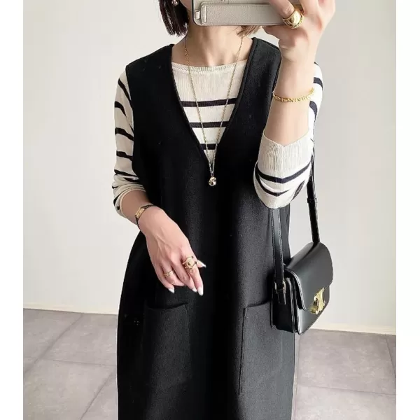 chouyatou Womens V Neck Wool Blend Long Vest Jacket Sleeveless Maxi Wool Vest Dress with PocketsBlack