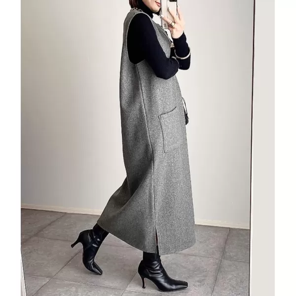 chouyatou Womens V Neck Wool Blend Long Vest Jacket Sleeveless Maxi Wool Vest Dress with PocketsGray