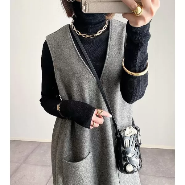 chouyatou Womens V Neck Wool Blend Long Vest Jacket Sleeveless Maxi Wool Vest Dress with PocketsGray