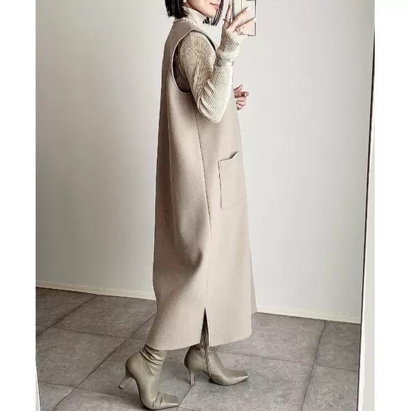 chouyatou Womens V Neck Wool Blend Long Vest Jacket Sleeveless Maxi Wool Vest Dress with PocketsKhaki