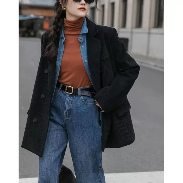 chouyatou Womens Vintage Notched Collar Double Breasted Corduroy Suit Coat BlazerBlack