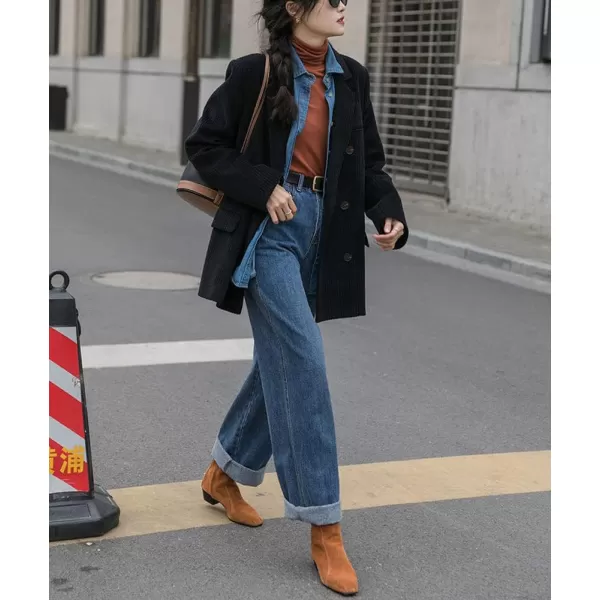chouyatou Womens Vintage Notched Collar Double Breasted Corduroy Suit Coat BlazerBlack