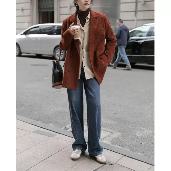 chouyatou Womens Vintage Notched Collar Double Breasted Corduroy Suit Coat BlazerDirty Orange