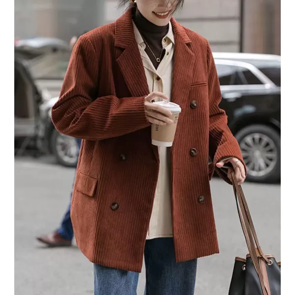 chouyatou Womens Vintage Notched Collar Double Breasted Corduroy Suit Coat BlazerDirty Orange
