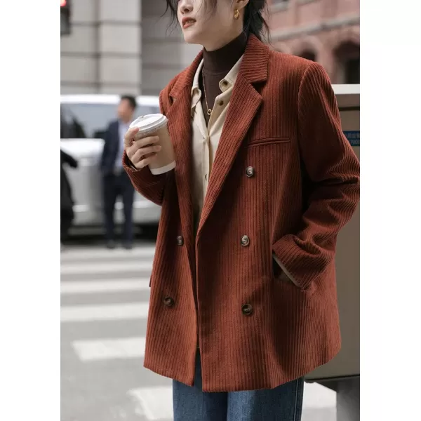 chouyatou Womens Vintage Notched Collar Double Breasted Corduroy Suit Coat BlazerDirty Orange