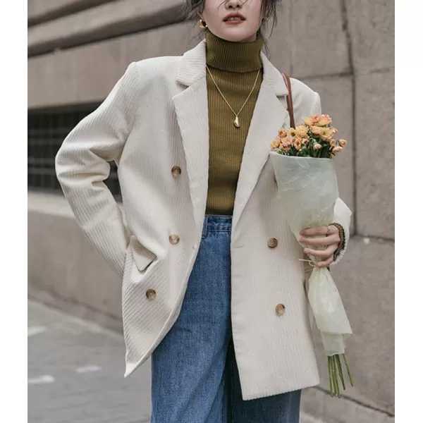 chouyatou Womens Vintage Notched Collar Double Breasted Corduroy Suit Coat BlazerWhite