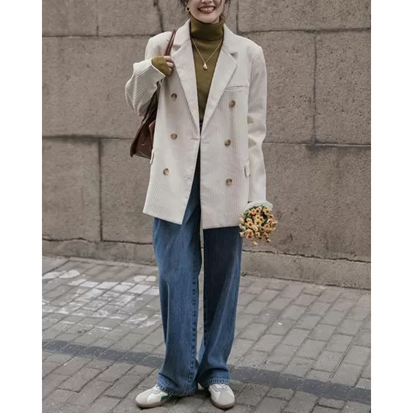 chouyatou Womens Vintage Notched Collar Double Breasted Corduroy Suit Coat BlazerWhite