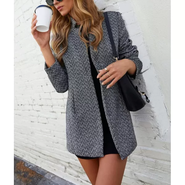 chouyatou Womens Winter Herringbone Stripes Open Front Business Casual Wool Blazer Jacket OvercoatBlack