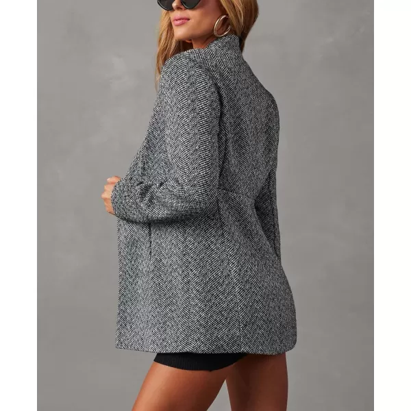 chouyatou Womens Winter Herringbone Stripes Open Front Business Casual Wool Blazer Jacket OvercoatBlack