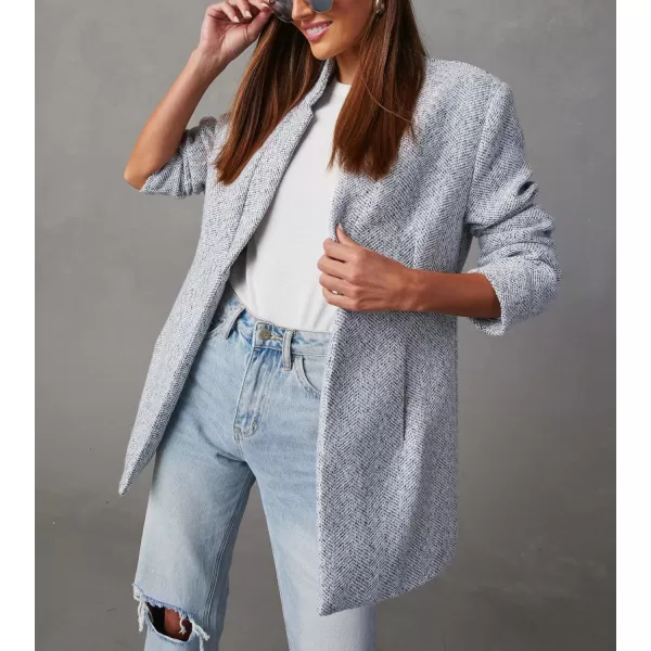 chouyatou Womens Winter Herringbone Stripes Open Front Business Casual Wool Blazer Jacket OvercoatGray White