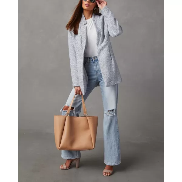 chouyatou Womens Winter Herringbone Stripes Open Front Business Casual Wool Blazer Jacket OvercoatGray White