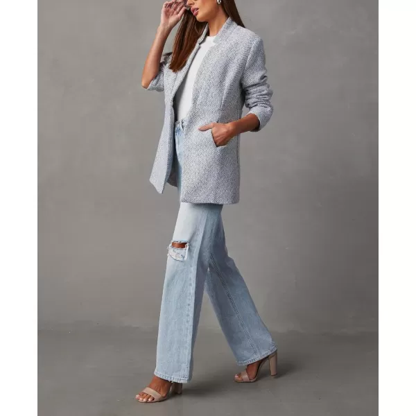 chouyatou Womens Winter Herringbone Stripes Open Front Business Casual Wool Blazer Jacket OvercoatGray White