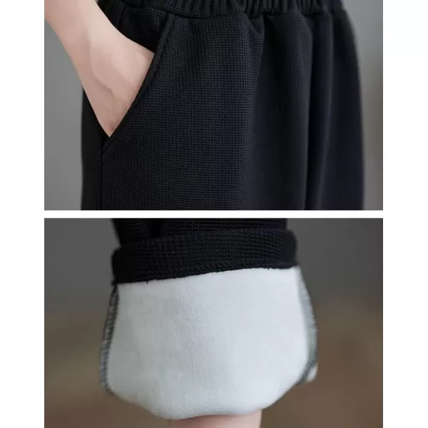 chouyatou Womens Winter Thick Fleece Lined Elastic Waist Waffle Knit Jogger Pants with PocketsBlack