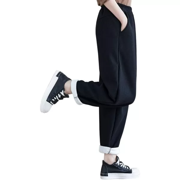chouyatou Womens Winter Thick Fleece Lined Elastic Waist Waffle Knit Jogger Pants with PocketsBlack
