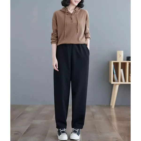 chouyatou Womens Winter Thick Fleece Lined Elastic Waist Waffle Knit Jogger Pants with PocketsBlack